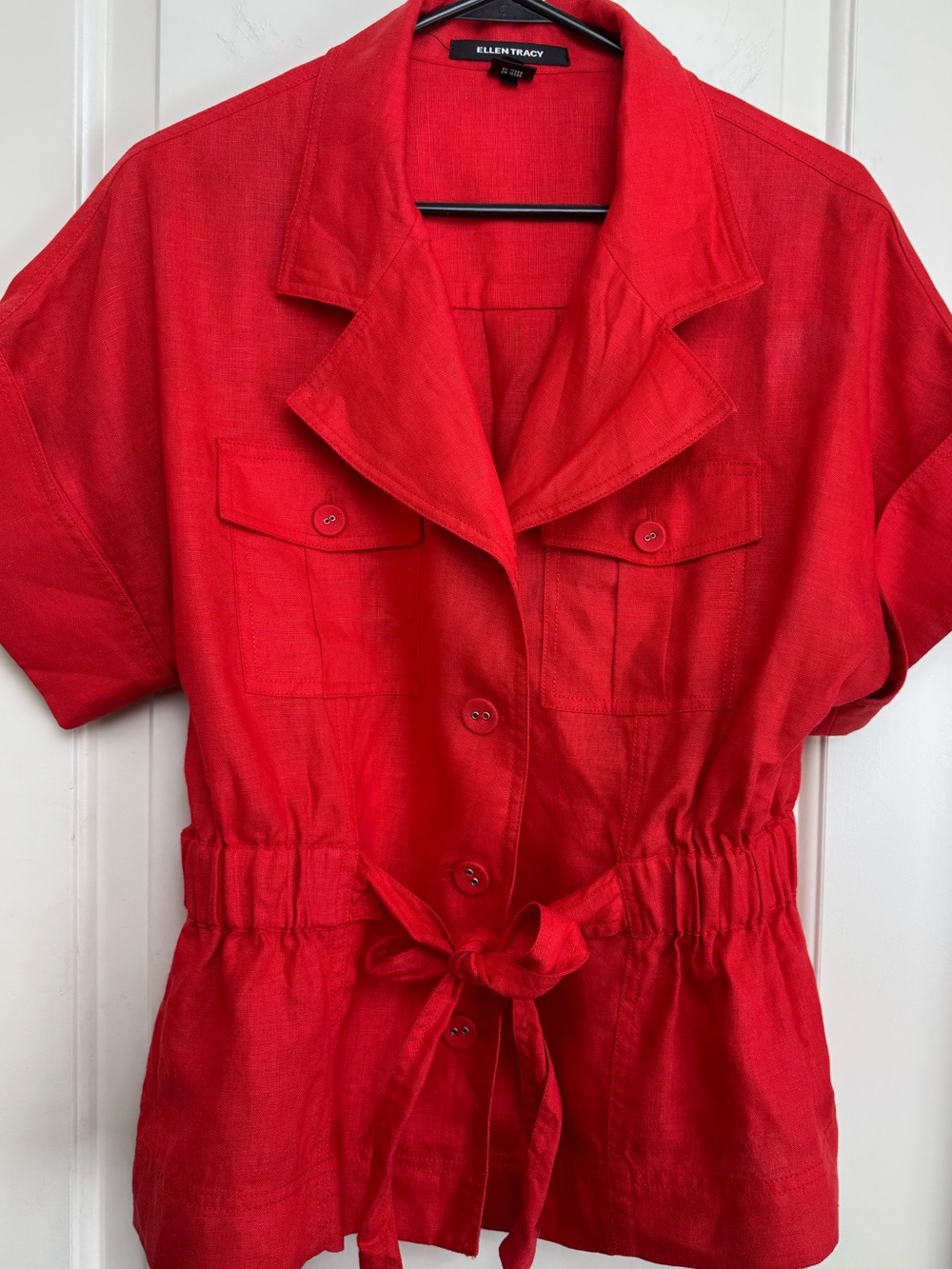 Ellen Tracy Red 100% Linen Safari Jacket Size 8 Belted Utility Top